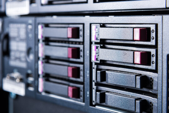 Array of data storage hard drives in internet data center