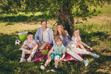 Portrait of nice attractive cheerful cheery full big family small little brother sister sitting on cover veil enjoying picnic in fresh air eating domestic meal spending time