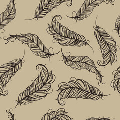 Vintage vector seamless feathers pattern. Beautiful cute pattern with feathers. Colored feathers