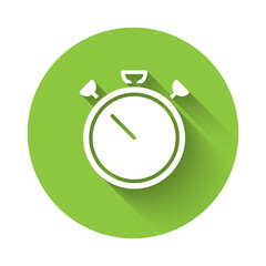 White Stopwatch icon isolated with long shadow. Time timer sign. Chronometer sign. Green circle button. Vector.