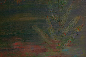 Odbity liść w farbie, namalowane abstrakcyjne tło, faktura. - obrazy, fototapety, plakaty