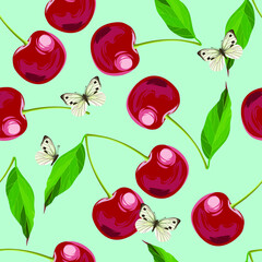 Beautiful cherries. Beautiful summer pattern with fruits and butterflies. Butterflies on cherries. Print for textile