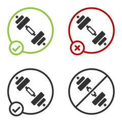 Black Dumbbell icon isolated on white background. Muscle lifting icon, fitness barbell, gym, sports equipment, exercise bumbbell. Circle button. Vector.