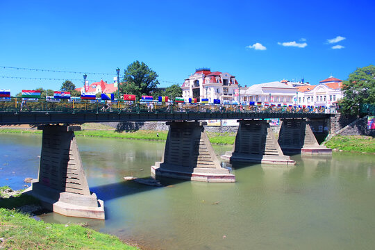 Bridge over the river Uzh in Uzhhorod. Transcarpathia, Western Ukraine.
