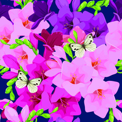 Freesia flowers pattern. Vector flowers. Pattern for printing on fabric. Butterflies on the flowers. Summer pattern