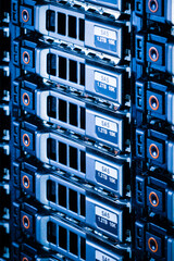 Array of data storage hard drives in internet data center