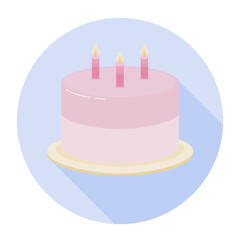 Lollipop pink cake with candles flat icon on blue background