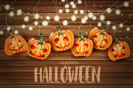 Halloween Background With Pumpkins With Creepy Cut Out Faces And Hanging Garland Bulb Lights Over Wooden Board. Vector Illustration.