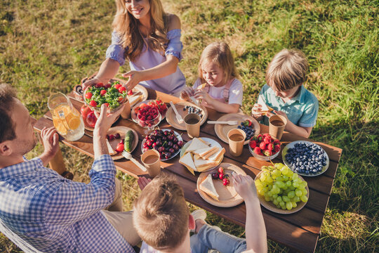 Cropped photo full big family five people lovers dad mom three little children eat sandwich share salad relax sit dinner table summer weekend sunny day home garden backyard outdoors