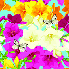 Freesia flowers pattern. Vector flowers. Pattern for printing on fabric. Butterflies on the flowers. Summer pattern