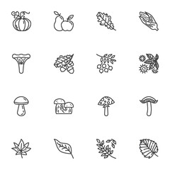 Autumn season line icons set, outline vector symbol collection, linear style pictogram pack. Signs logo illustration. Set includes icons as pumpkin vegetable, apple fruit, mushrooms, tree leaves, corn