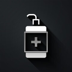 Fototapeta premium Silver Hand sanitizer bottle icon isolated on black background. Disinfection concept. Washing gel. Alcohol bottle for hygiene. Long shadow style. Vector.