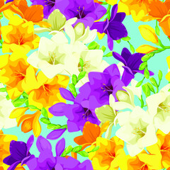Freesia flowers pattern. Vector flowers. Pattern for printing on fabric. Butterflies on the flowers. Summer pattern