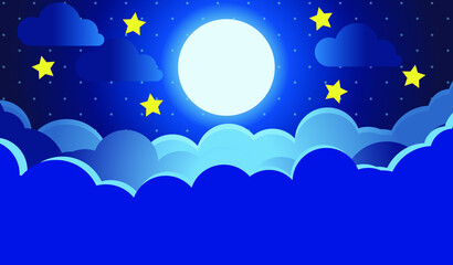 Vector night sky clouds. Moon and stars. Background design