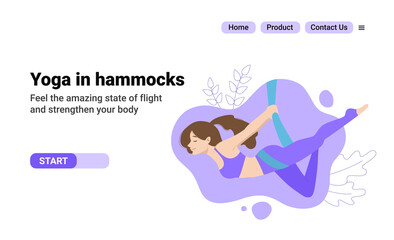 Aero yoga, fly yoga, inverted yoga pose in hammocks, Aerial Yoga. Flat happy young girl hanging in a hammock in the pose of a flying pigeon for the design of your site