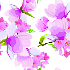 Magnolia flowers pattern. Freesia. Vector flowers. Pattern for printing on fabric. Summer print. Pink spring flowers