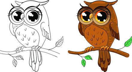 Funny cartoon owl. Black and white vector illustration for coloring.