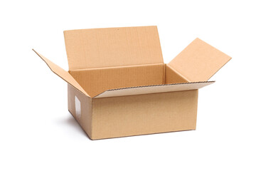 Opened packaging cardboard box isolated on a white background in close-up