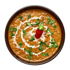 Dal Makhani isolated on white background. Dal Makhani - traditional indian cuisine puree dish with urad beans, red beans, butter, spices and cream.