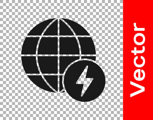 Black Global energy power planet with flash thunderbolt icon isolated on transparent background. Ecology concept and environmental. Vector.