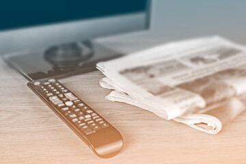 News newspapers on the table in the office. Media concept for background. Soft focus.