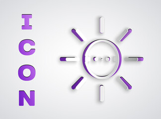 Paper cut Solar energy panel icon isolated on grey background. Sun with lightning symbol. Paper art style. Vector.