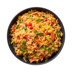 Veg Schezwan Fried Rice in black bowl isolated on white background. Vegetarian Szechuan Rice is...