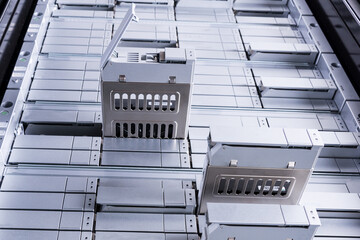 detail of data center with some of hard drive bays open