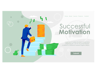 Successful motivation landing page template. Businessman climbing ladder to financial success. Business motivation and ambitions, personal growth and self development flat vector illustration