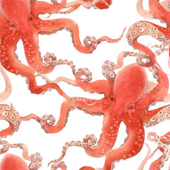 Beautiful seamless underwater pattern with watercolor red octopus. Stock illustration.
