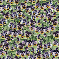 Seamless pattern with viola flowers on green background. Ideal design of interior textile, clothes on Victorian style. Hand painted watercolor painting on paper. 