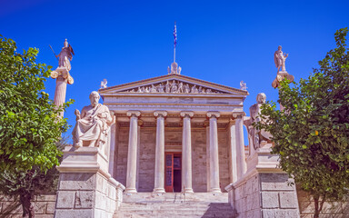 Athens Greece, the national academy classic design front view, with Plato, Socrates, Athena and Apollo statues