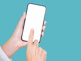 Woman touching smartphone blank screen