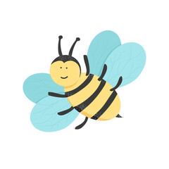 Hand drawn flat vector illustration of a flying bee. Cute insect can be used as a background, sticker, postcard, for web design, catalog, game for children, print, in education
