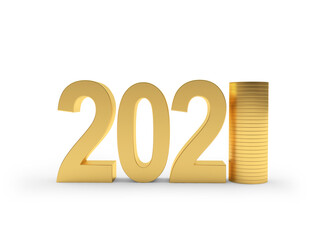 Number 2021 with a stack of gold coins isolated on a white background. 3D illustration