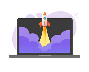 Boost rocket launch business online on laptop computer vector, digital fast quick growing pc internet start up, idea of new product release, high speed web startup project development
