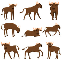 Wildebeest icons set. Cartoon set of wildebeest vector icons for web design