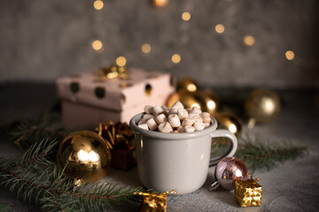 Mug for mockup near christmas tree and gift boxes