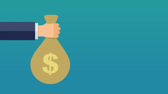 A hand appears with a bag of dollars to present it on a blue background (flat design)