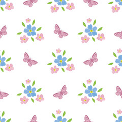 Forget-Me-Not floral and butterfly seamless vector pattern background. Painterly watercolor effect pink blue mysotis flowers and insects on white backdrop. Hand drawn botanical all over print