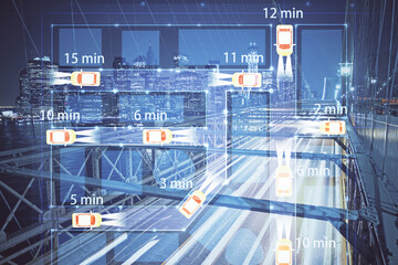 Double exposure of transport theme hologram drawing and city view background. Concept autopilot.