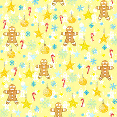 Christmas background with gingerbread cookies, sweets, snowflakes and stars