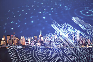 Double exposure of buildings hologram over cityscape background. Concept of smart city.
