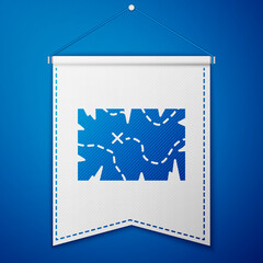 Blue Pirate treasure map icon isolated on blue background. White pennant template. Vector.