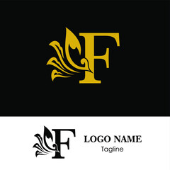 F Initial letter luxury beauty flourishes leaves ornament logo template.