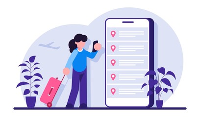 Online booking flight tickets. Woman buying ticket with smartphone. People waiting for a flight. Modern flat illustration.