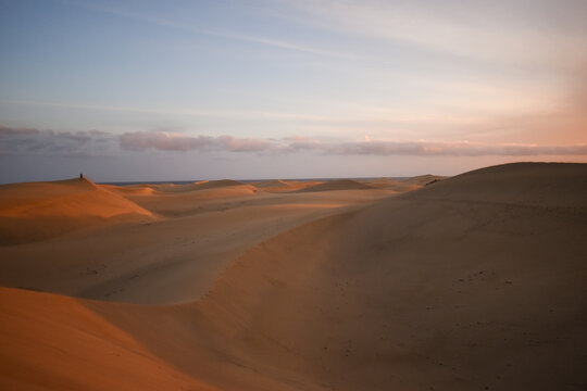 Sand dunes photographed at sunset in the Maspalomas desert in Gran Canaria.