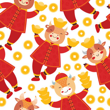 Chinese new year 2021 ox. Seamless pattern cute baby bulls in traditional red Chinese clothes with gold coins and bars. Orient zodiac fortune symbol. Hand drawn animal holidays cartoon character.