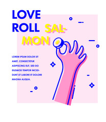 Food poster with hand and salmon roll on pink background. Vector card in color linear style.