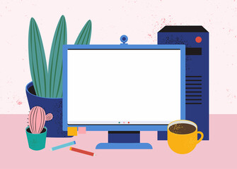 Home workplace. Cozy desktop with a computer, coffee, system unit, stationery, indoor plants. Work at home. Blank screen on the monitor for your text. Vector flat illustration. Editable template.